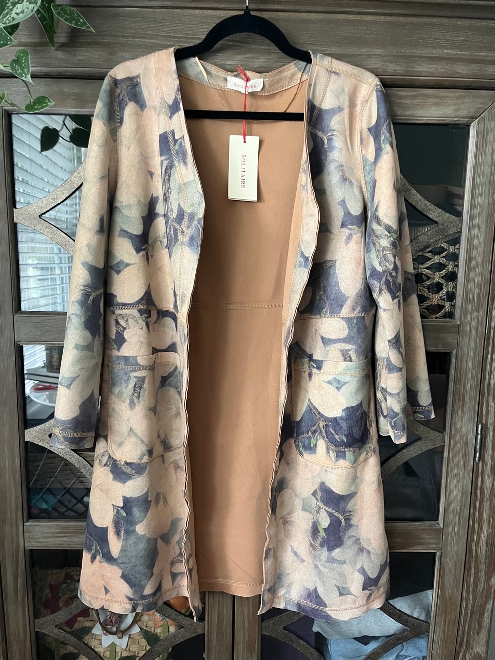 Solitaire Floral Open-Front Long Cardigan - Beige and Blue